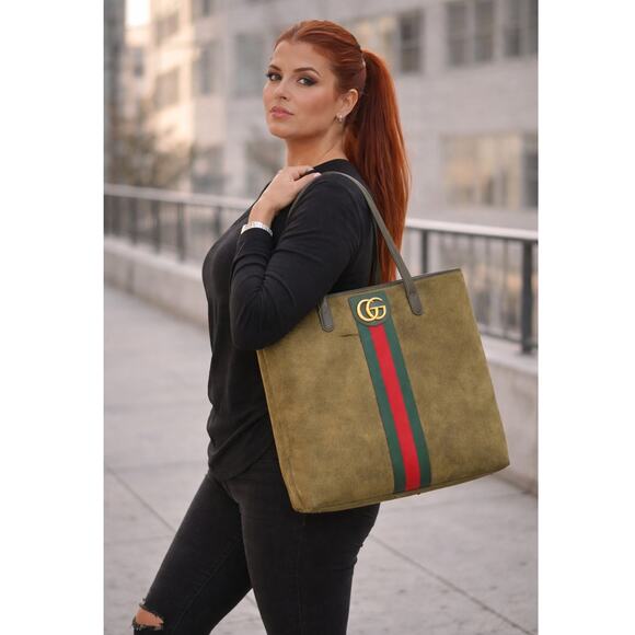 ✨ Large Suede Tote Bag– Olive Green w/ Signature Stripe ✨